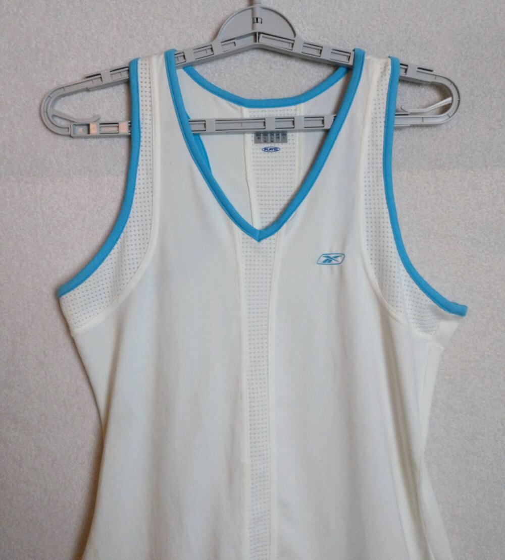 Reebok Play Dry Tennis Dress Large White Blue Trim V Neck Athletic Mini NWT
